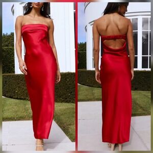 NWT Hello Molly Coolness Calling Red Satin Strapless Open‎ Back Maxi Dress 10